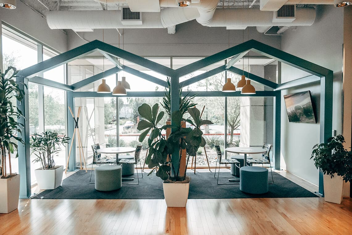 An office space with a blue roof and plants.